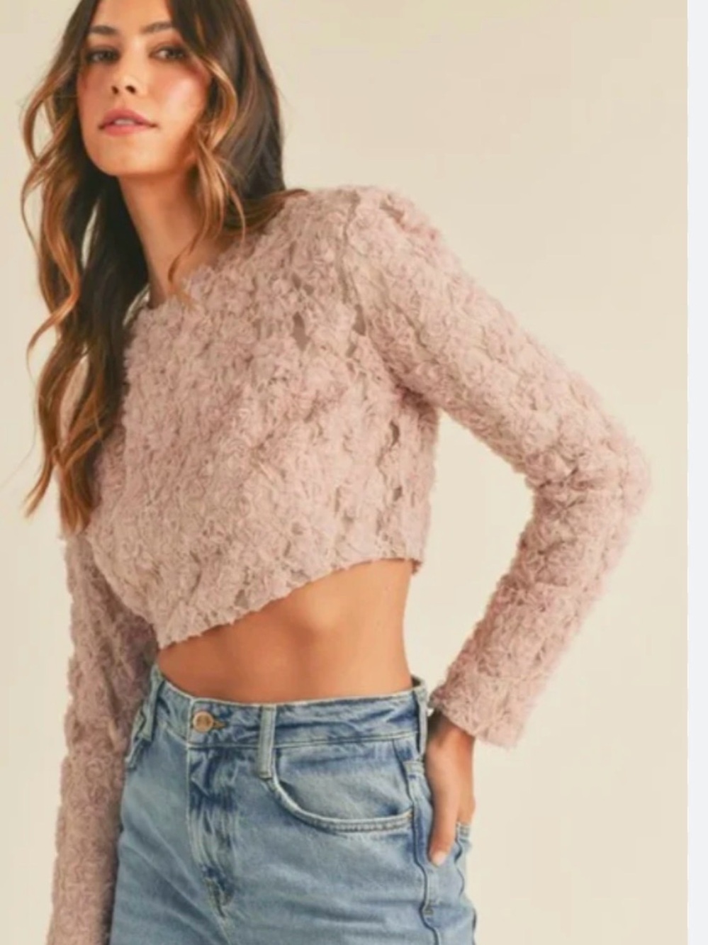 MABLE Dusty Rose Cropped Textured Long-Sleeve Top